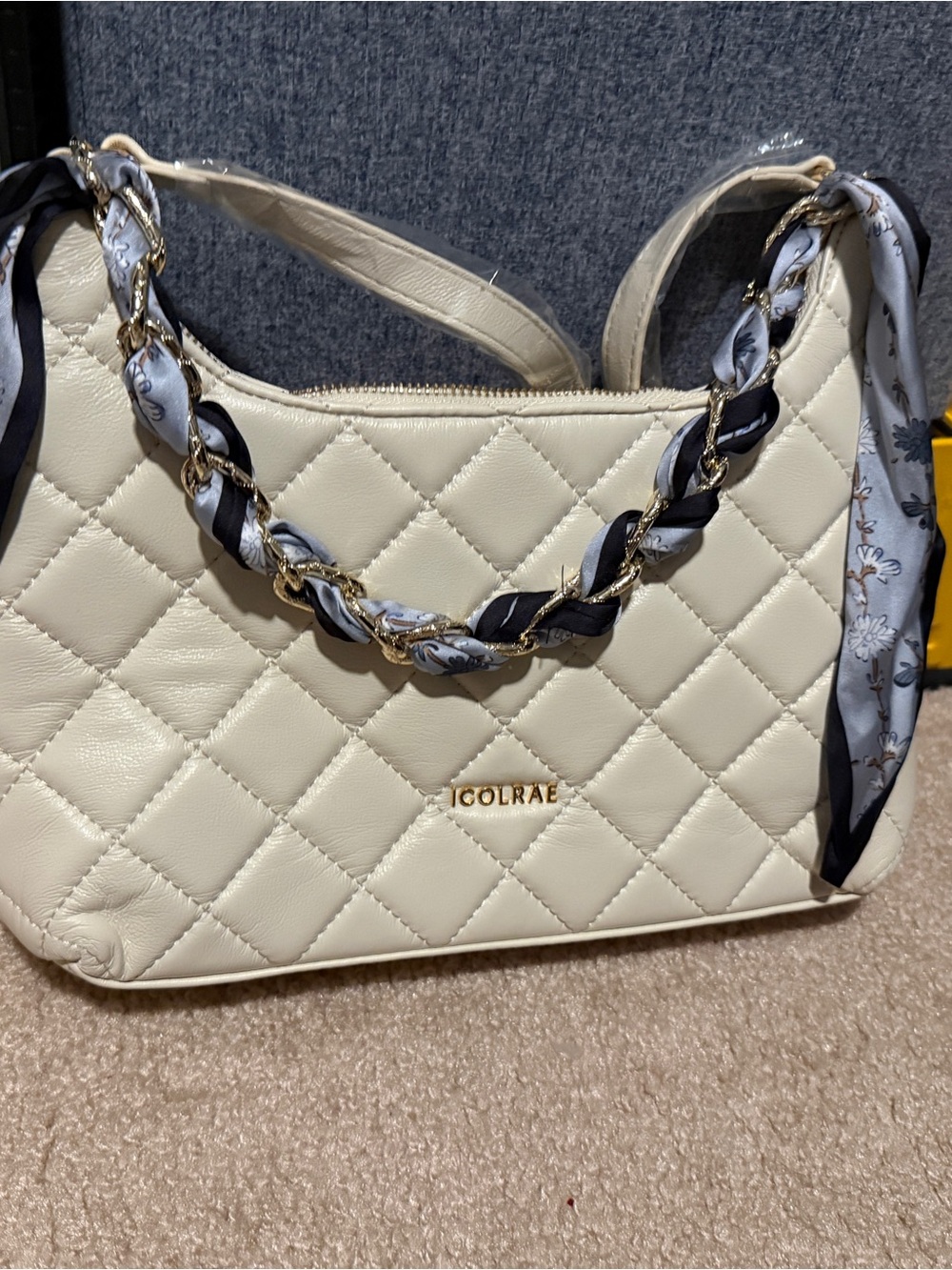 Colrae Quilted Cream Shoulder Bag with Scarf-Trim Chain